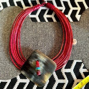 New red leather choker necklace horn charm